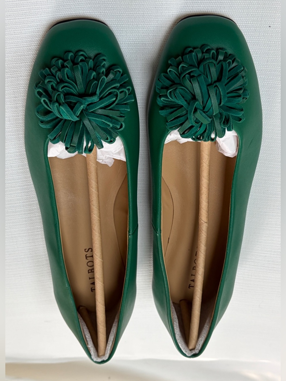 Talbots Green Leather Stella Pom-Pom Ballet Flats